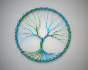 measuring at 5" around this is a mermaid blue and green wire wrapped tree of life branches are delicately balanced